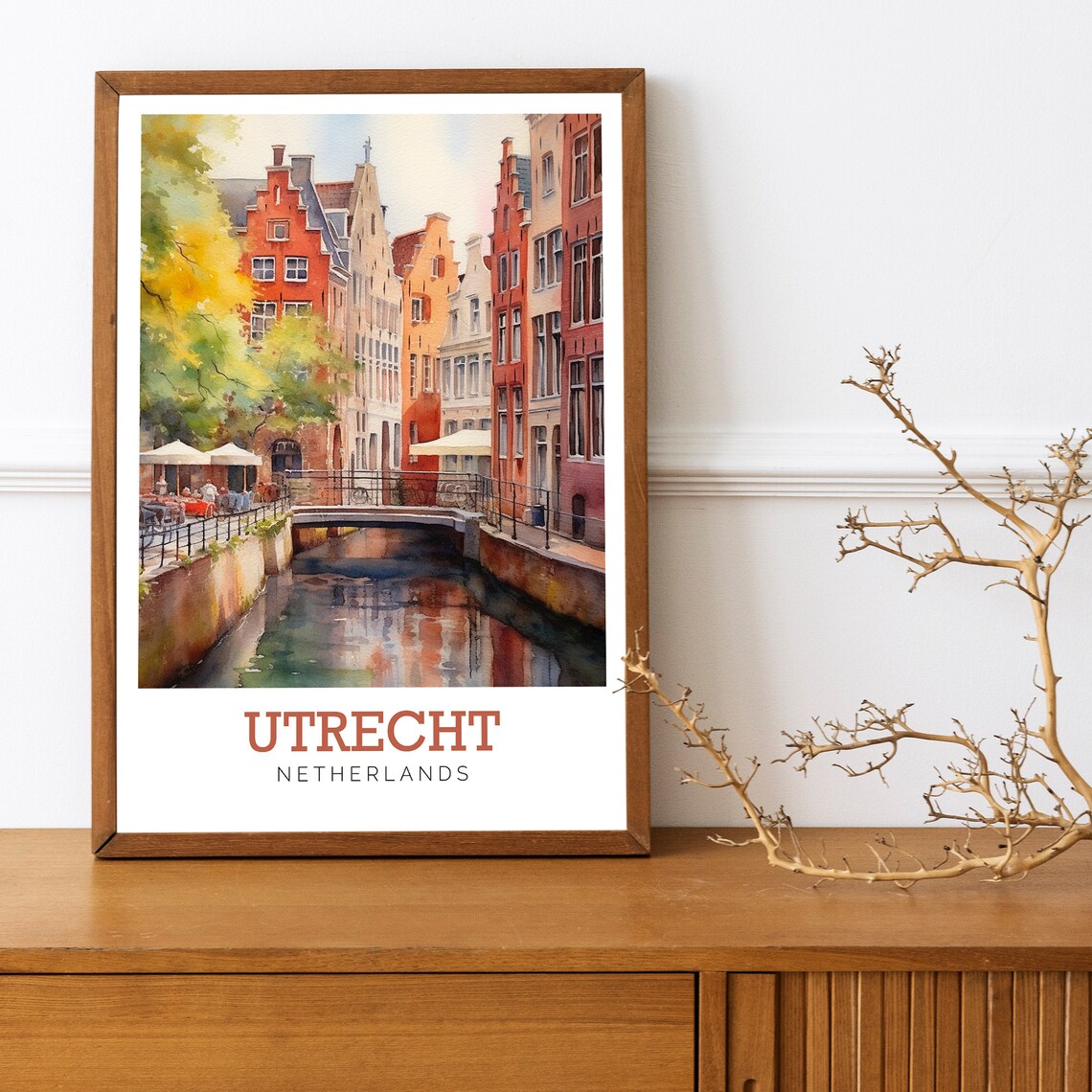 Utrecht Netherlands Canal Gabled Houses Watercolor Travel Poster