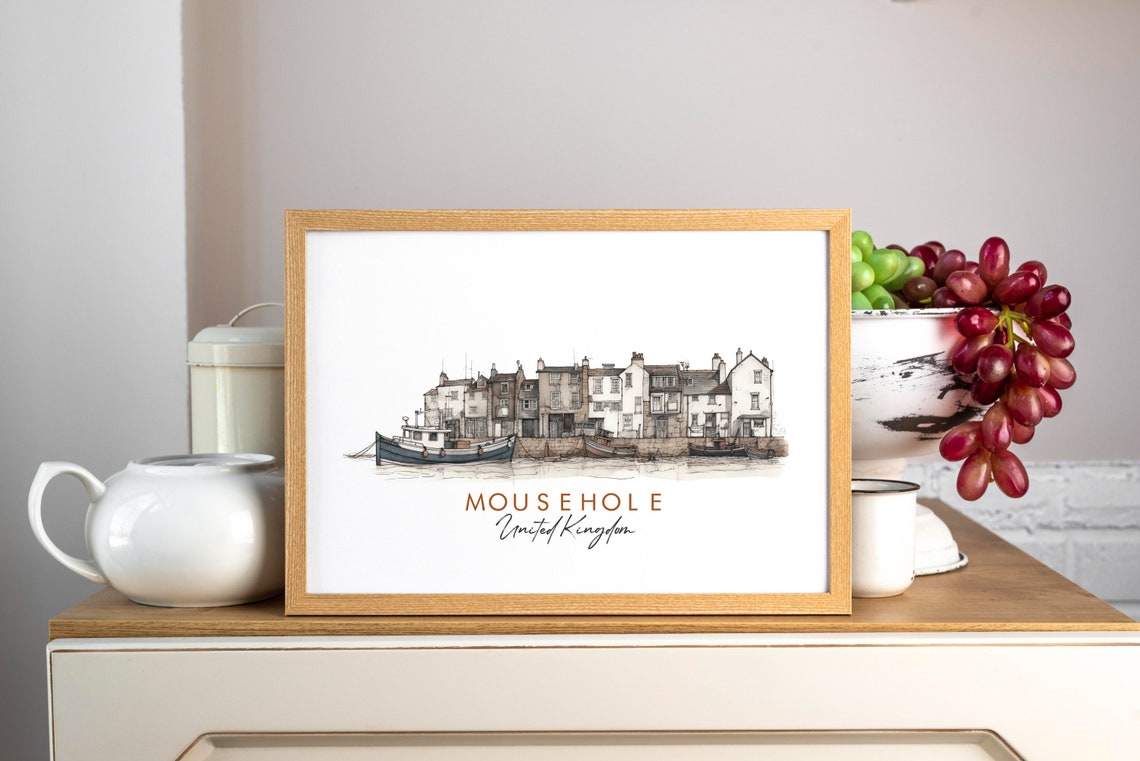 Mousehole United Kingdom Fishing Harbor Boats Ink Art Poster - Image 3