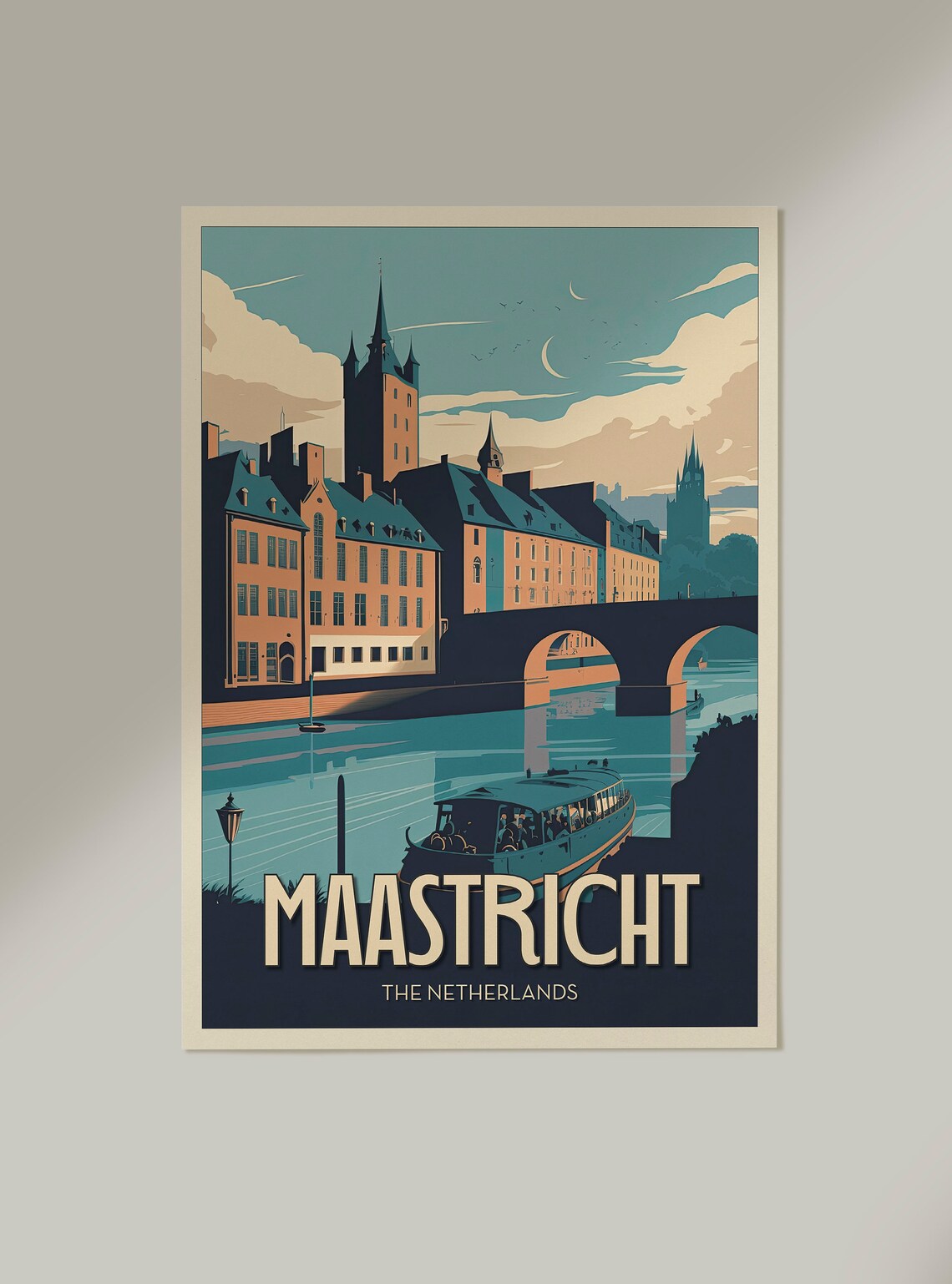 Maastricht Netherlands Riverside Church Towers Vintage Travel Poster