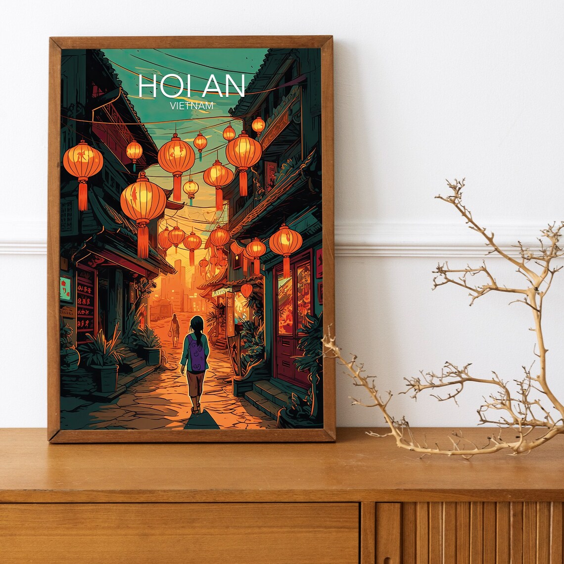 Hoi An Vietnam Glowing Lantern Street Dusk Modern Travel Poster