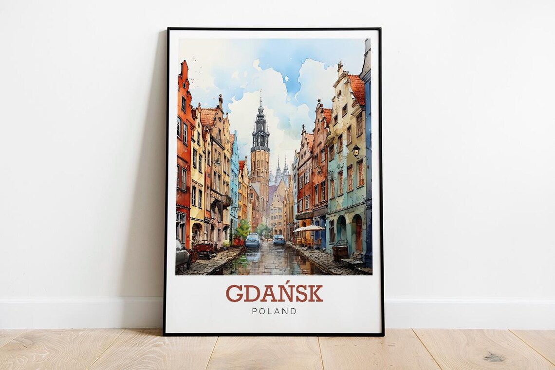 Gdańsk Poland Old Town Street Watercolor European City Travel Poster