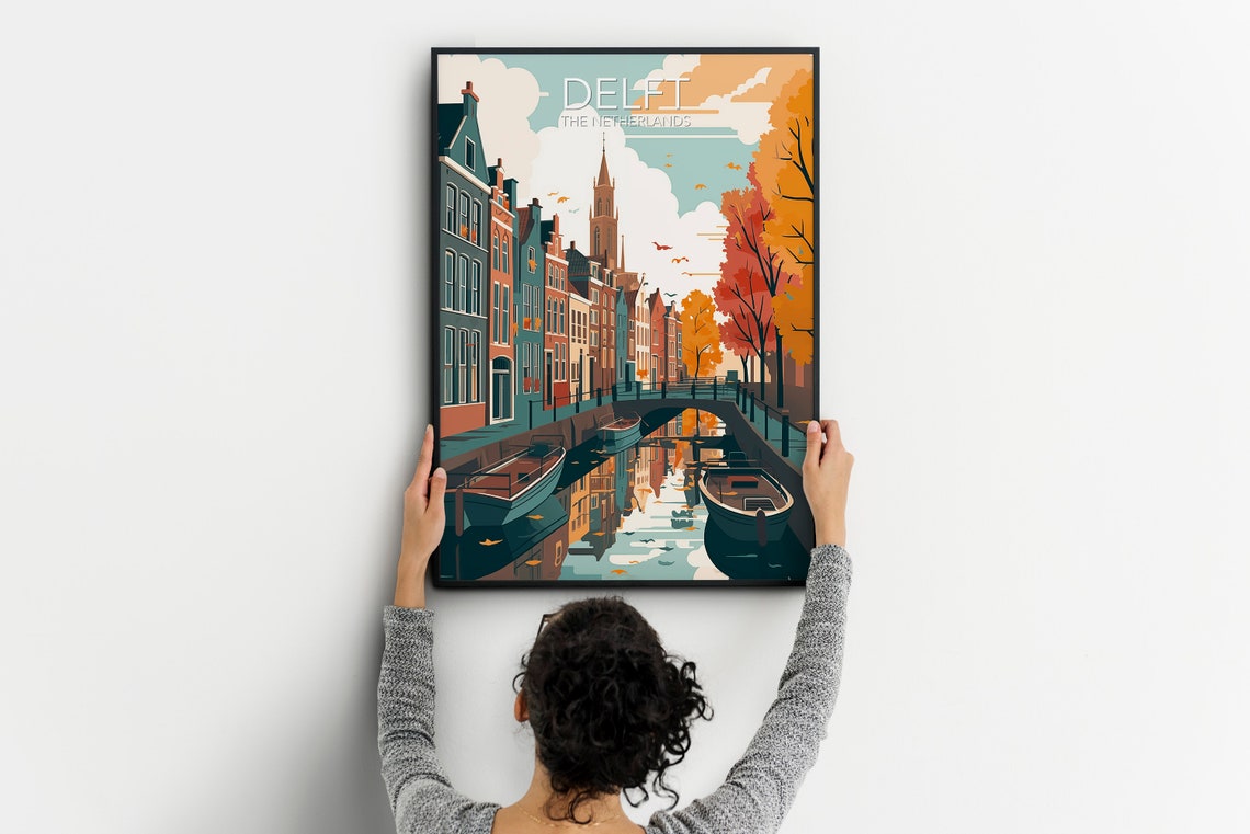 Delft Netherlands Autumn Canal Boats Autumn Fall Modern Travel Poster - Image 2