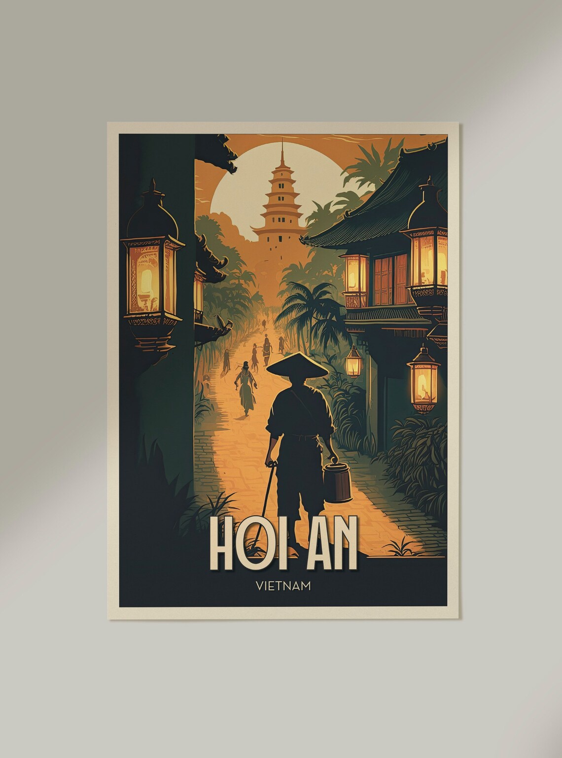 Hoi An Vietnam Golden Lantern Street Night Vintage Travel Poster - Image 2