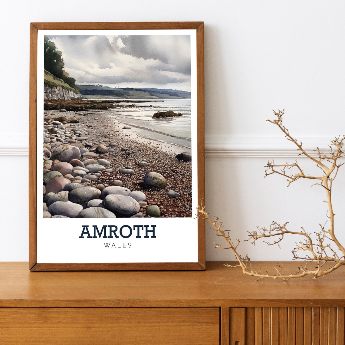 Amroth Wales Pebble Beach Coast Watercolor Art Travel Poster