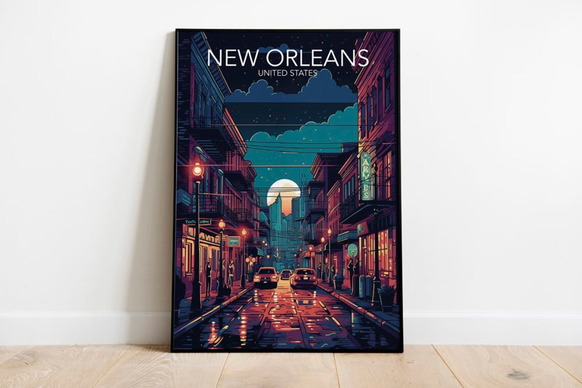 New Orleans Louisiana Moonlit Neon Night Street Scene Poster