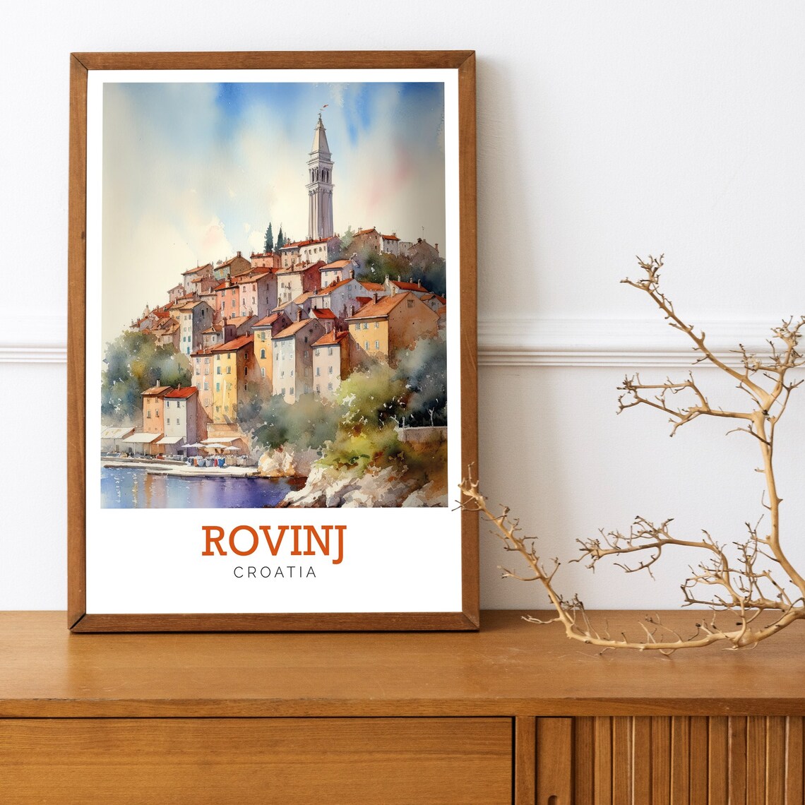 Rovinj Croatia Hilltop Old Town Harbor Watercolor Travel Poster - Image 3