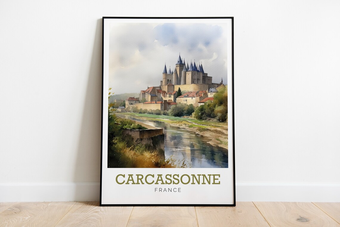 Carcassonne France Medieval Castle Watercolor Art Travel Poster
