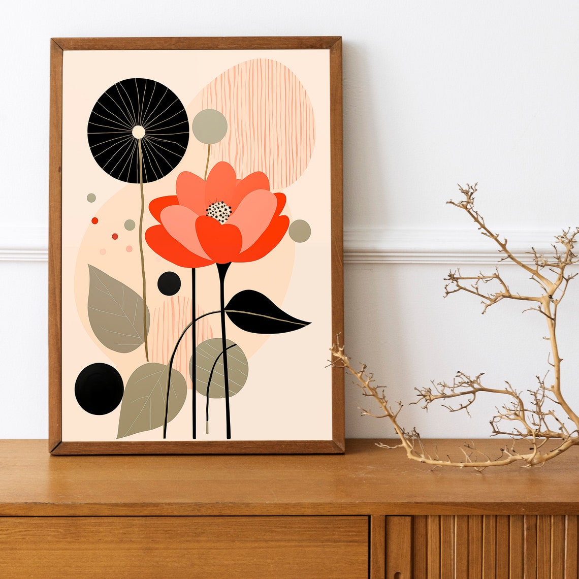 Boho Coral Flower Abstract Black Sunburst Sage Botanical Art Poster - Image 3