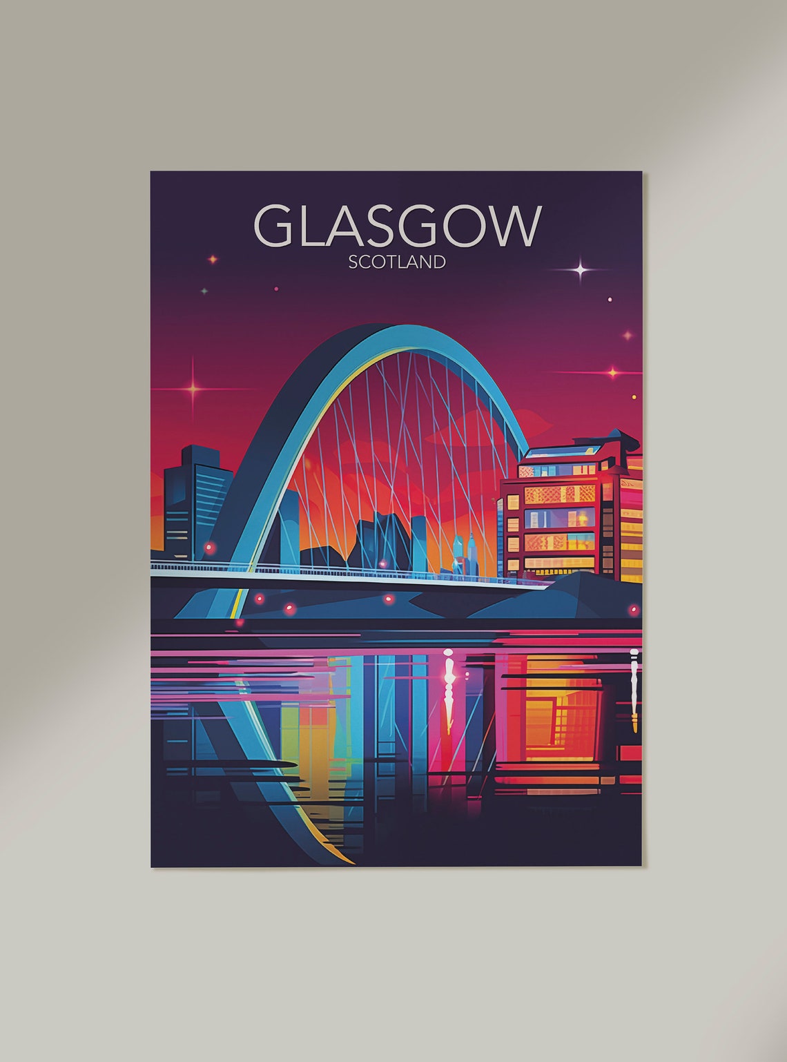 Glasgow Scotland Clyde Arc Bridge Night Skyline Neon Art Poster - Image 2