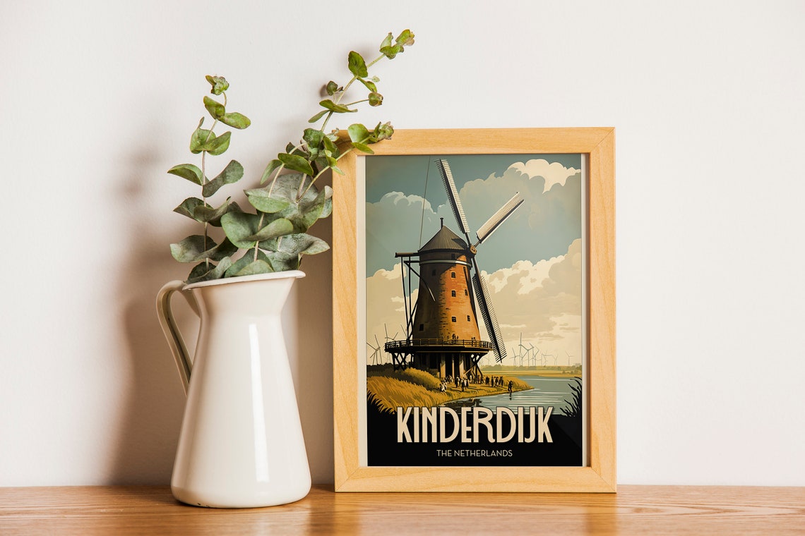Kinderdijk Netherlands Historic Windmill Canal Vintage Travel Poster - Image 3