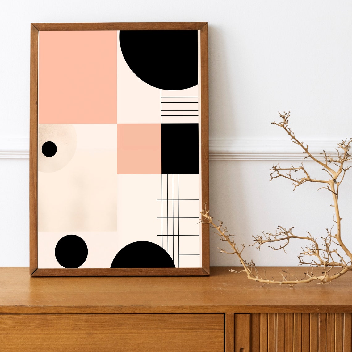 Blush Pink Black Geometric Grid Minimalist Boho Abstract Art Print - Image 3
