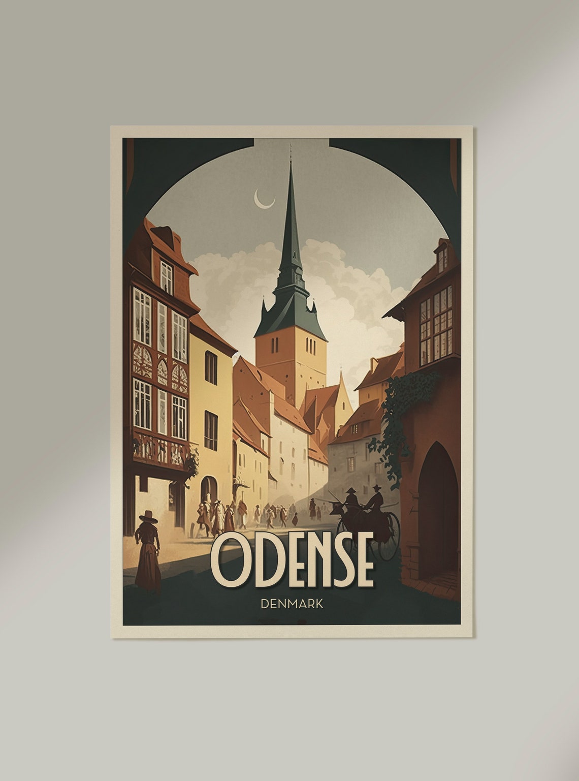 Odense Denmark Old Town Street Church Spire Vintage Travel Poster - Image 2