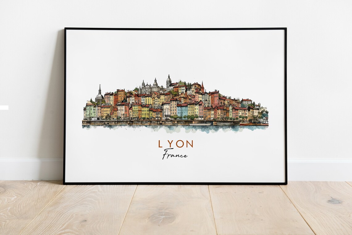 Lyon France Riverside Colorful Houses Watercolor Ink Art Poster