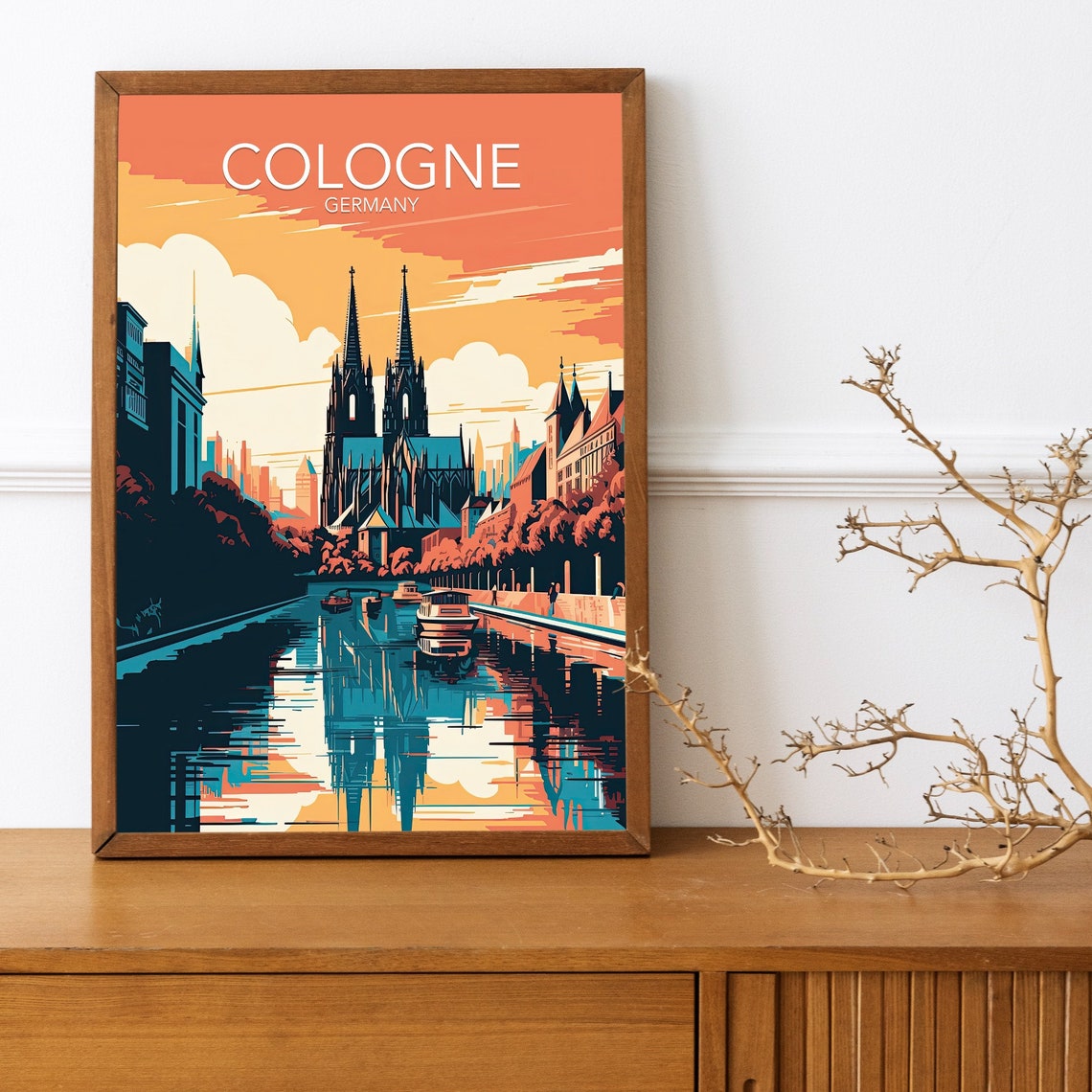 Cologne Cathedral Germany Sunset River Reflections Travel Poster