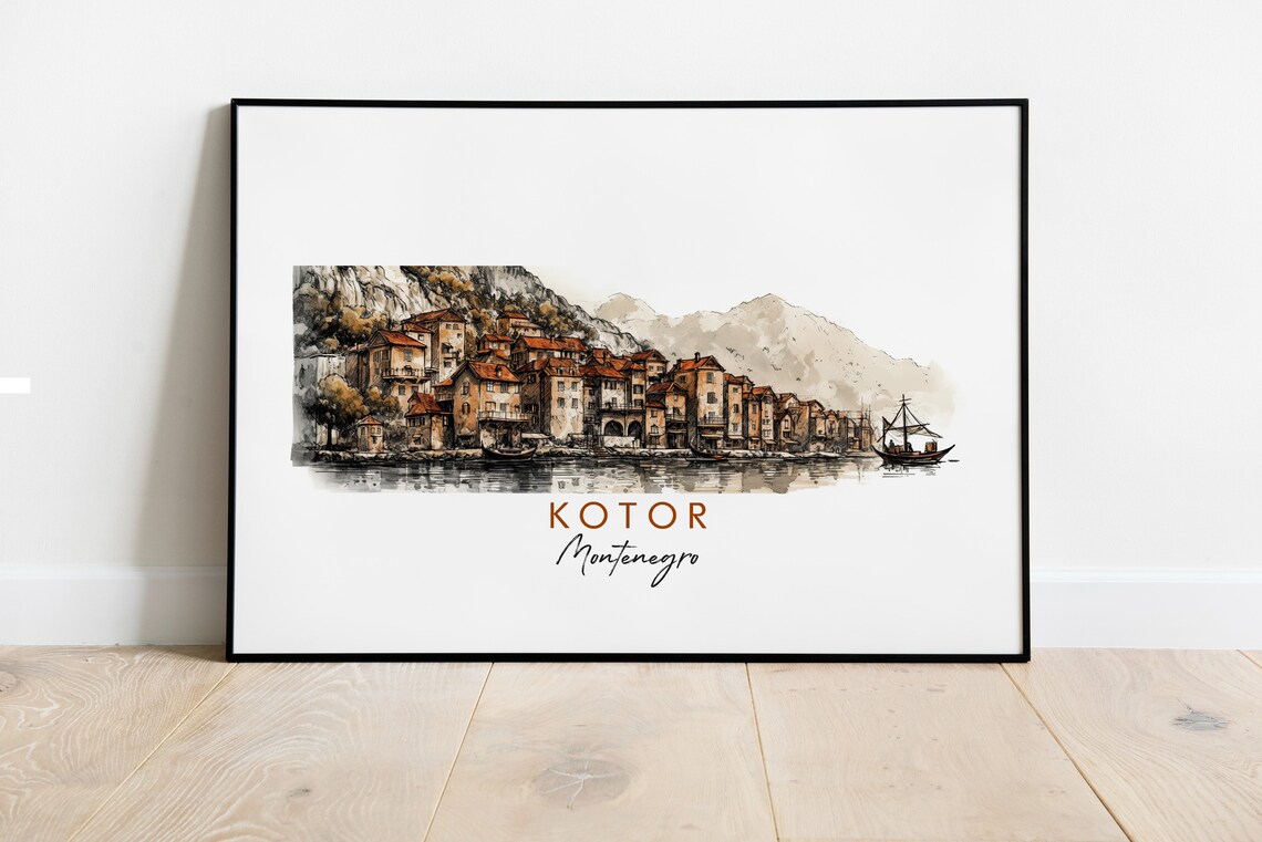 Kotor Montenegro Bay Old Town Mountains Watercolor Art Poster