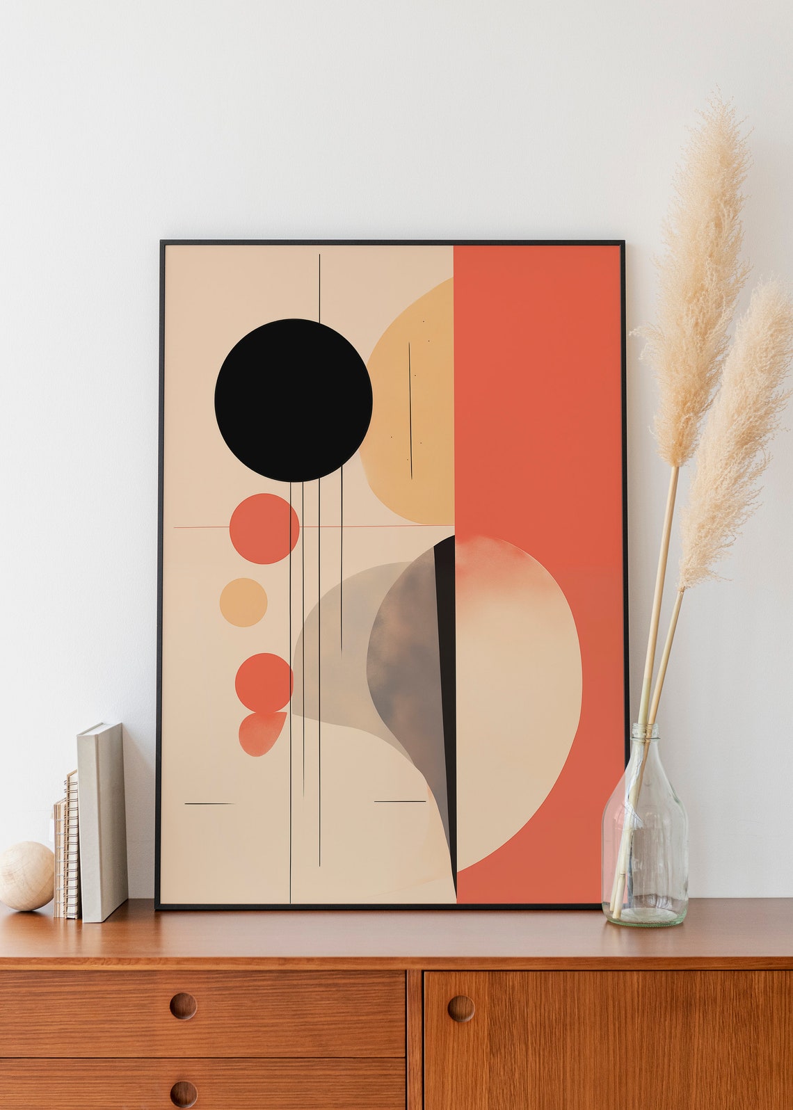 Boho Abstract Black Circle Coral Stripe Minimal Geometric Art Poster