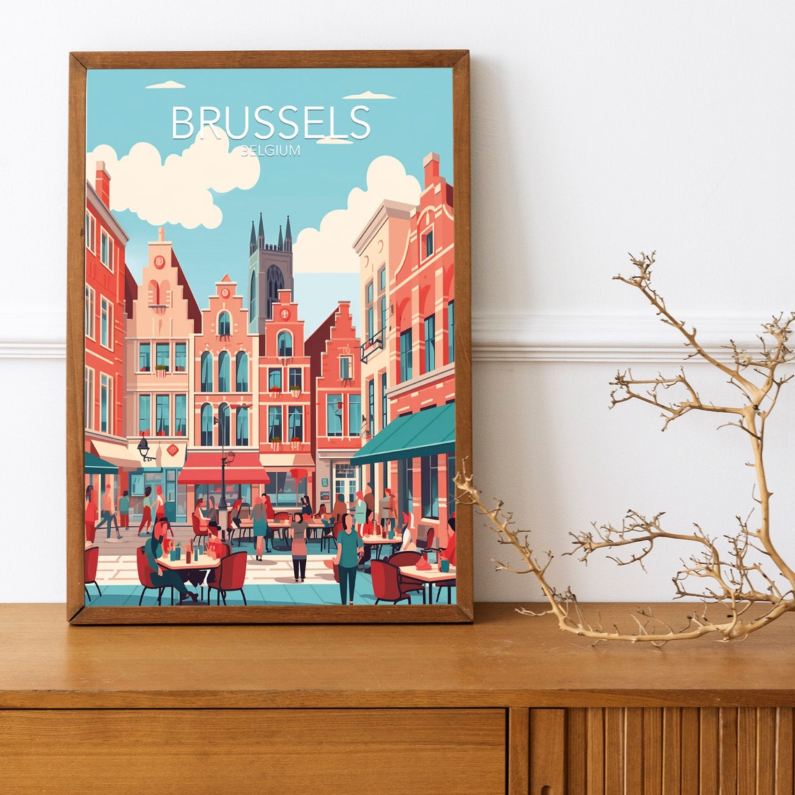 Brussels Belgium Old Town Square Cafes Street Life Travel Poster
