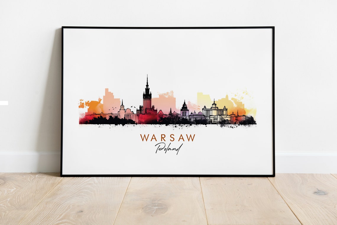Warsaw Poland Dramatic City Sunset Skyline Ink Watercolor Poster
