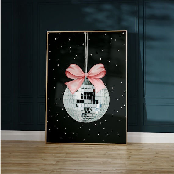 Christmas Disco Ball Ornament Poster Pink Bow Festive Party Holiday Decor