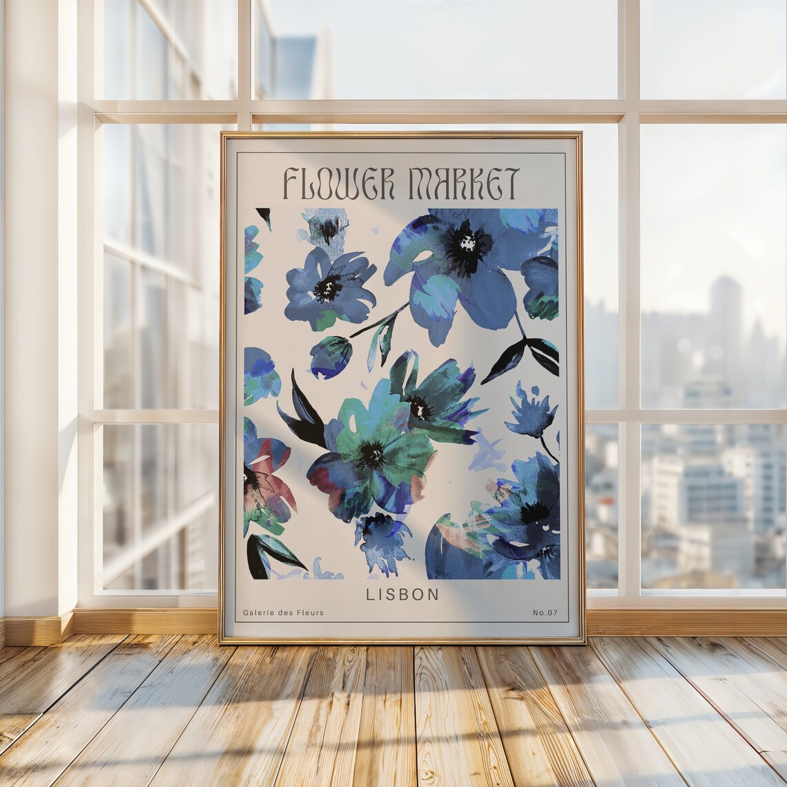 Lisbon Flower Market Bold Blue Expressive Floral Watercolor Poster