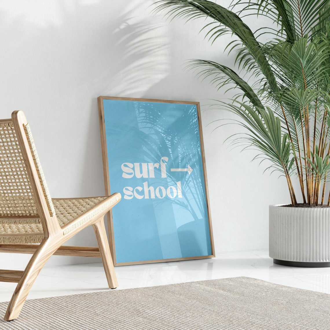 Surf School Arrow Sign Poster Baby Blue Beachy Typography Room Decor - Image 2