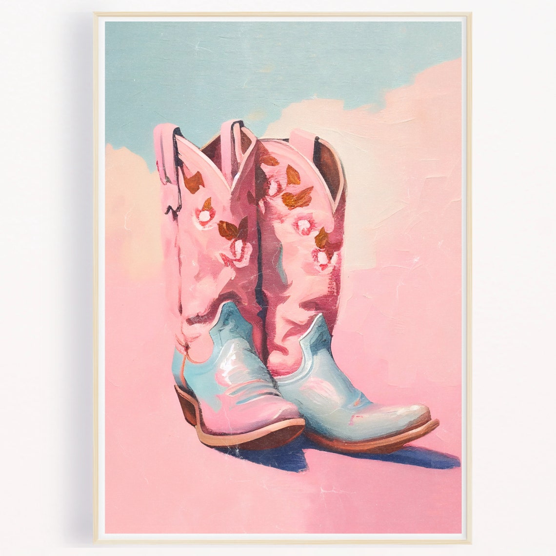 Cowgirl Boots Print Preppy Western Room Decor Pink Cowgirl Art Trendy Oil Painting Pink And Baby Blue Wall Art Instant