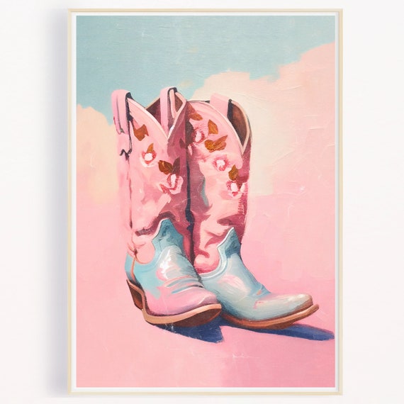 Cowgirl Boots Print Preppy Western Room Decor Pink Cowgirl Art Trendy Oil Painting Pink And Baby Blue Wall Art Instant