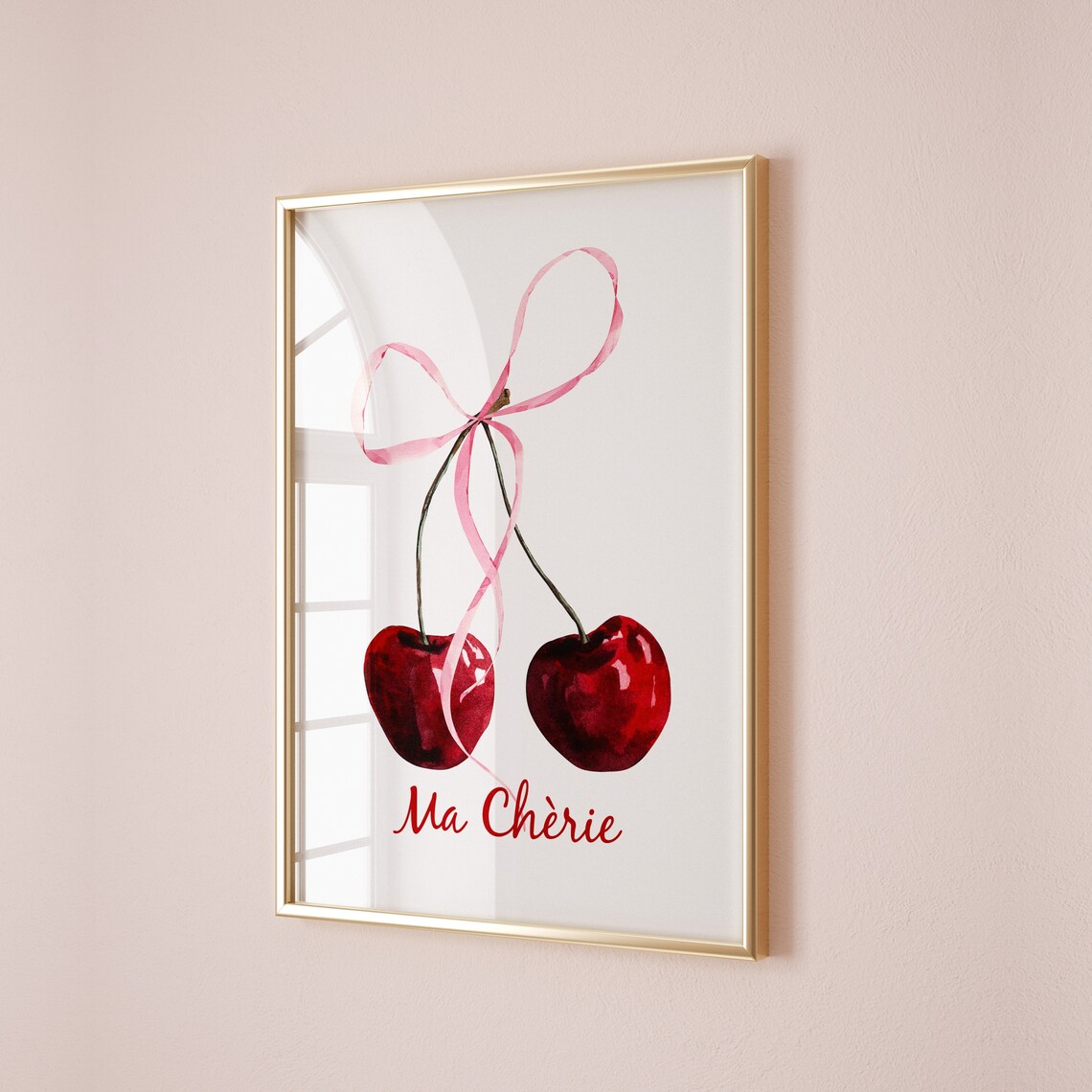 Ma Cherie Watercolor Cherry Art With Pink Bow Coquette Poster - Image 2