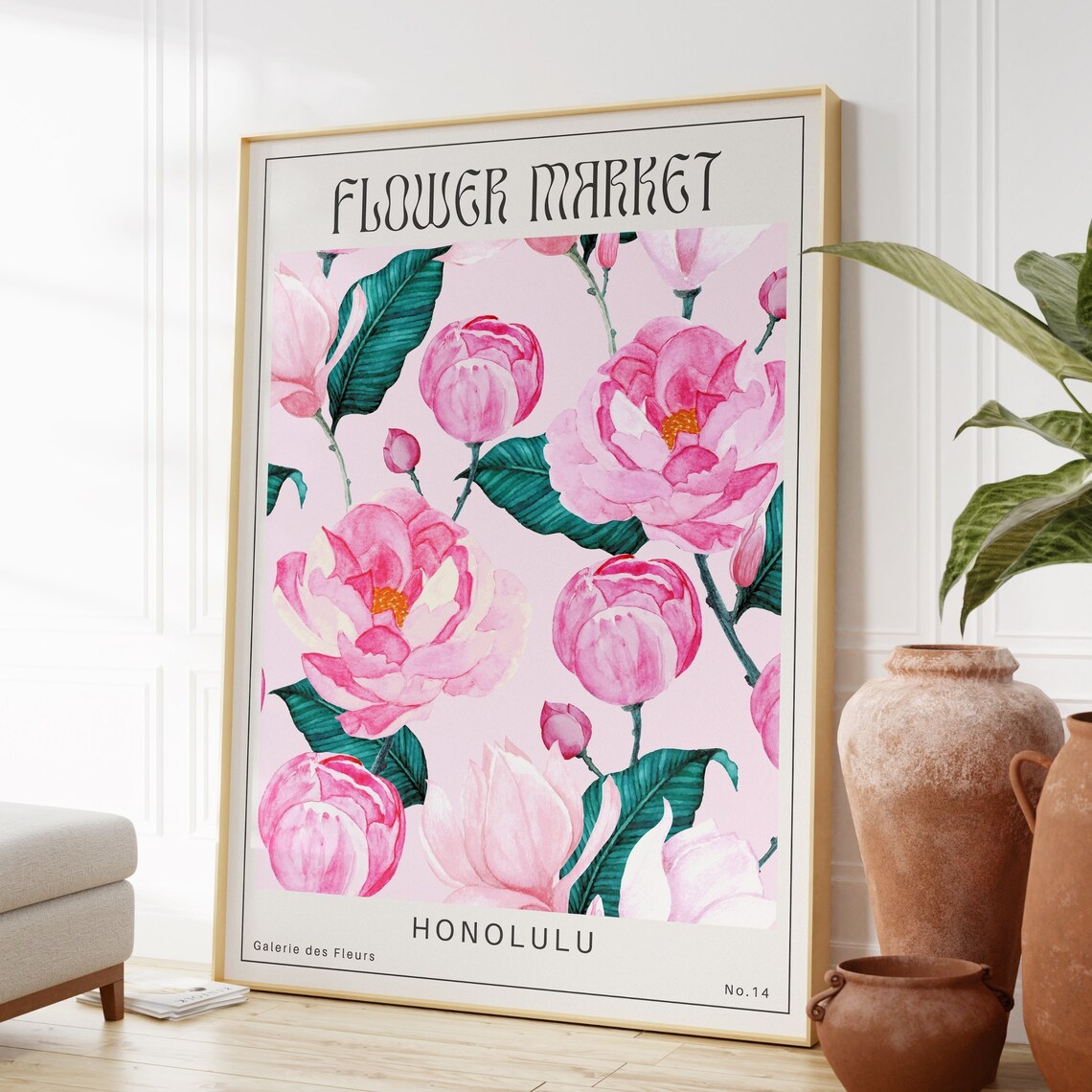 Honolulu Flower Market Pink Peony Botanical Watercolor Poster - Image 3