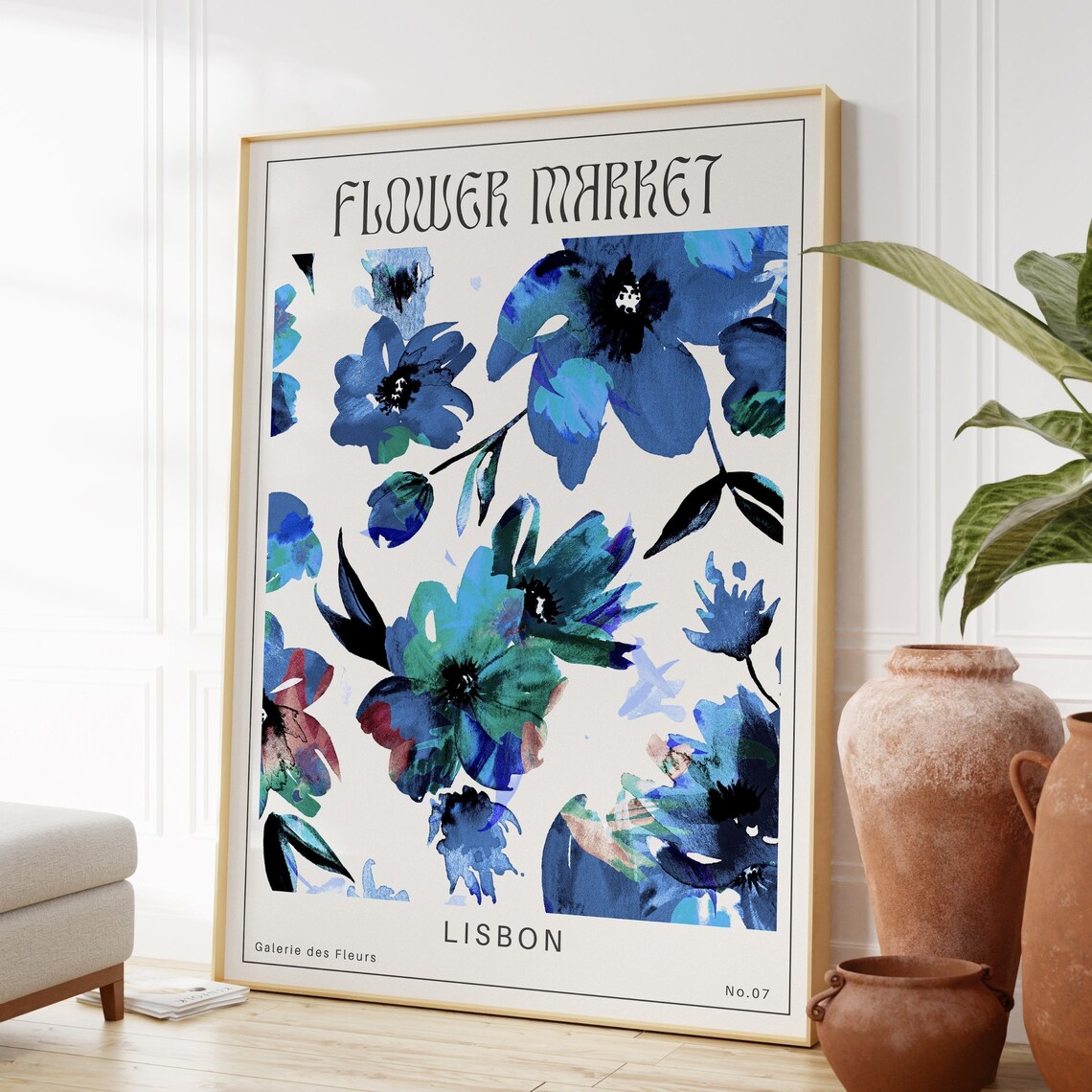 Lisbon Flower Market Bold Blue Expressive Floral Watercolor Poster - Image 3