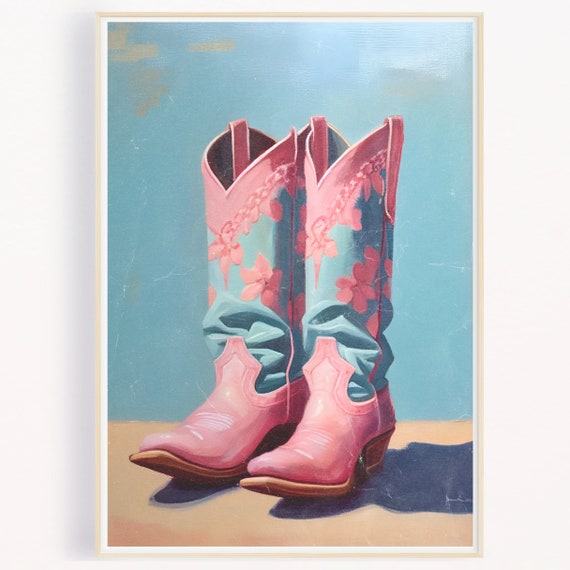 Pink Cowboy Boots Print Trendy Oil Painting Girly Western Decor Pink Preppy Wall Art Cowgirl Aesthetic Art Print Instant