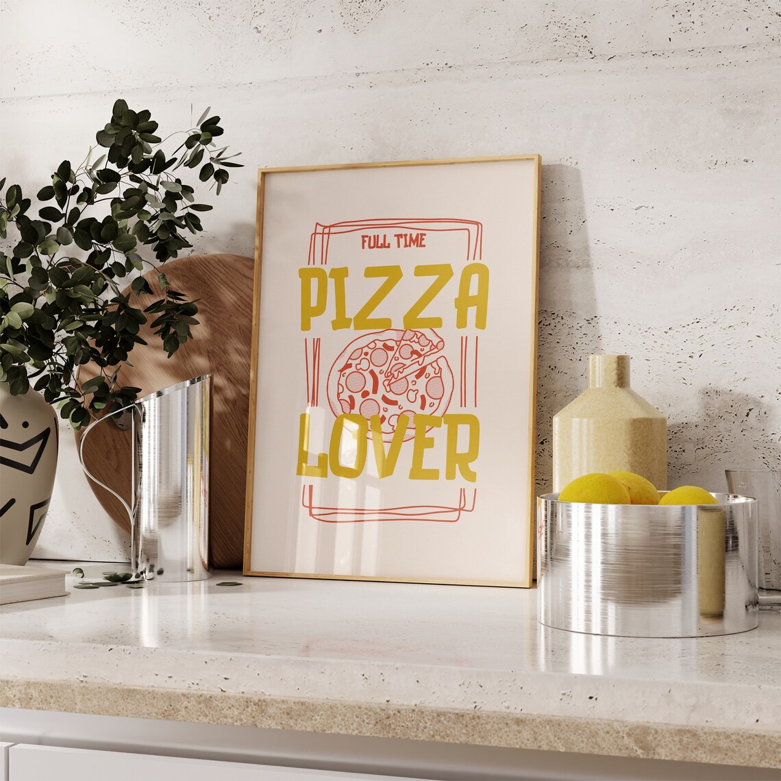 Full Time Pizza Lover Retro Mustard Pepperoni Pizza Kitchen Poster - Image 3
