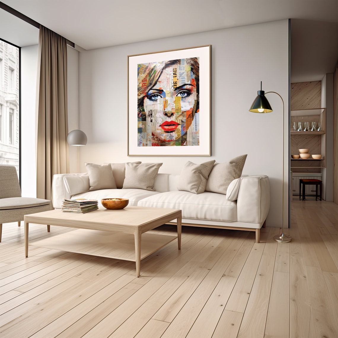 Newspaper Collage Woman Face with Blue Eyes and Red Lips Poster - Image 5