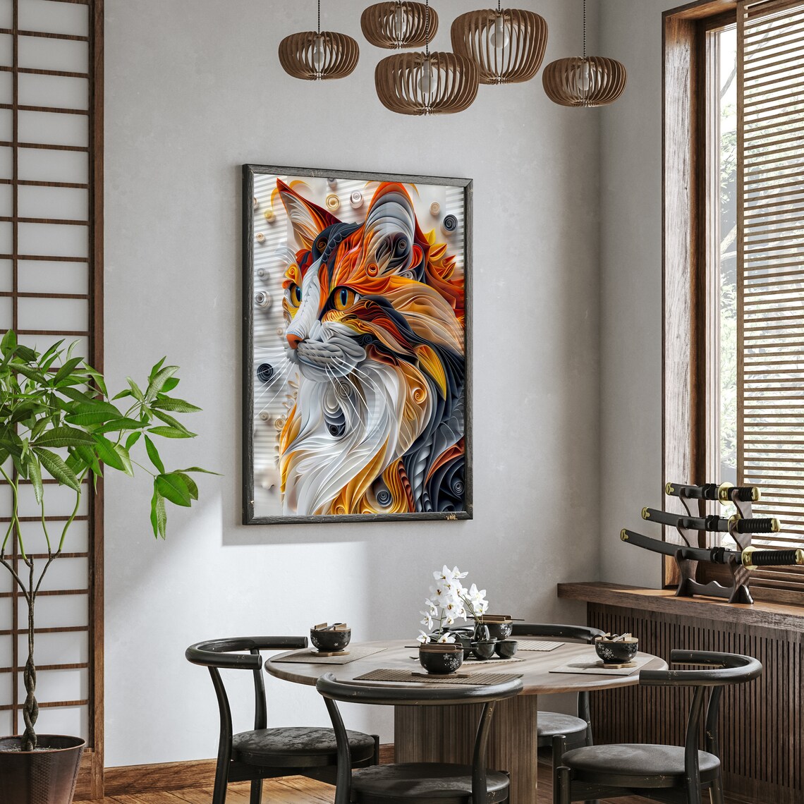 Quilled Paper Art Cat Portrait in Fiery Orange Tones Design Poster - Image 2
