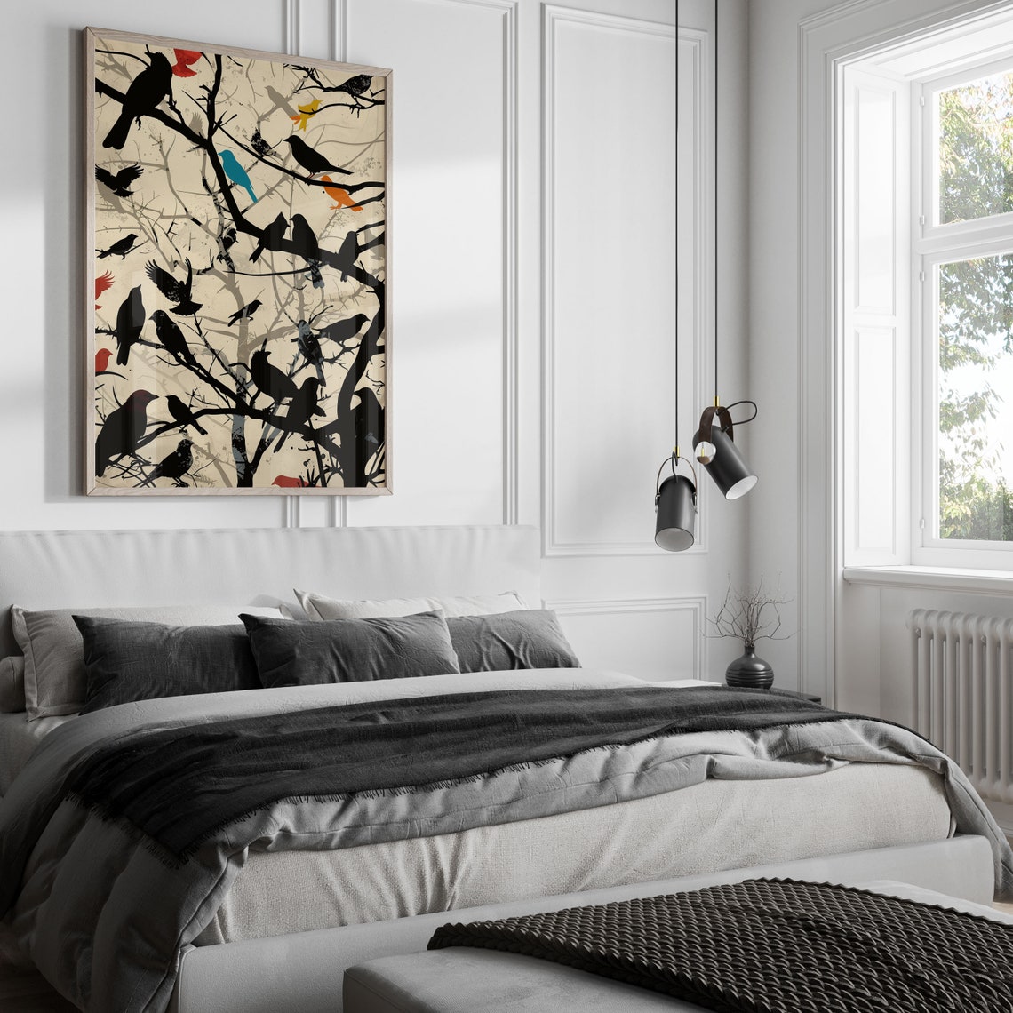 Flock of Black Birds on Bare Branches Silhouette Artwork Poster - Image 5