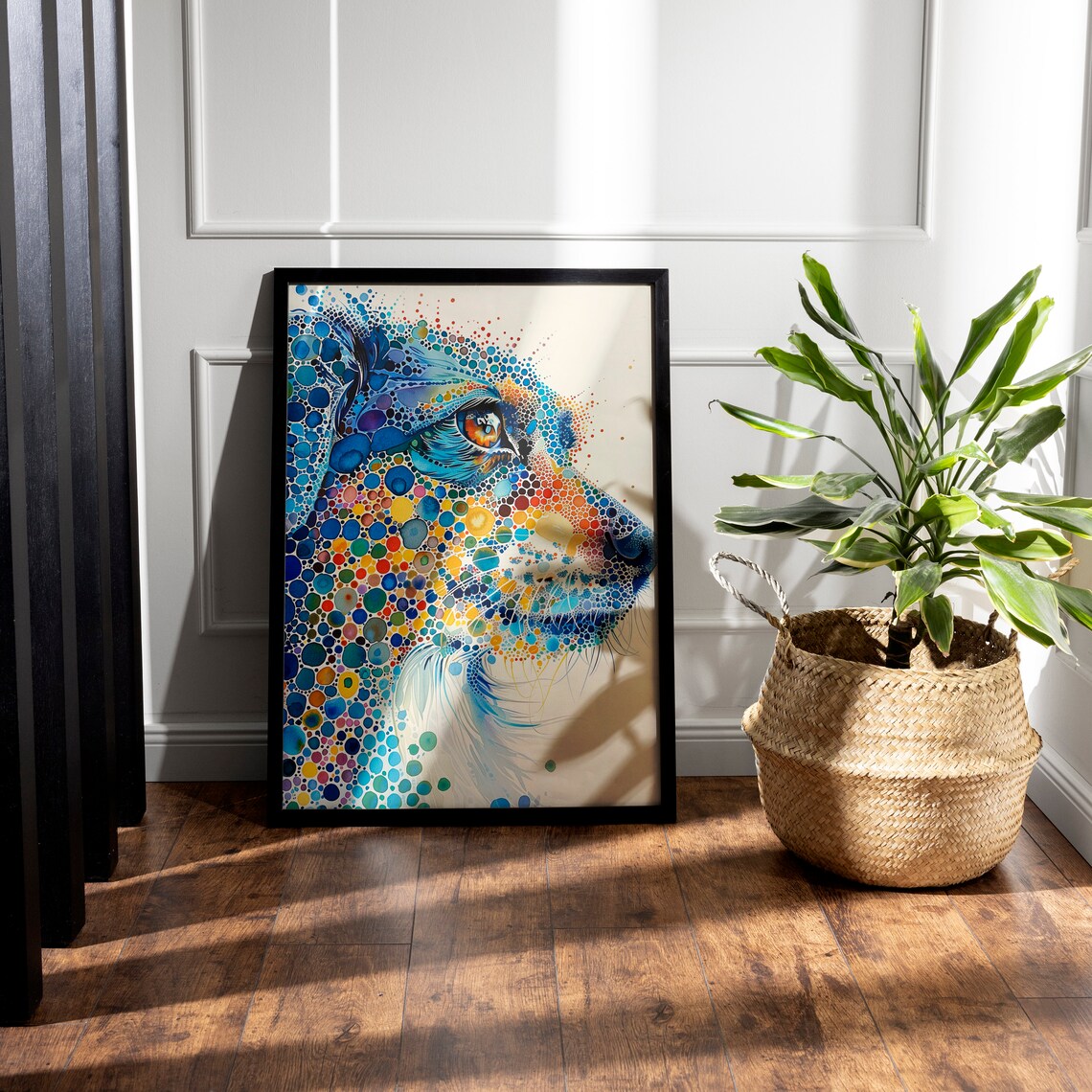 Blue Pointillism Dog Profile in Colorful Dotted Art Style Poster - Image 2