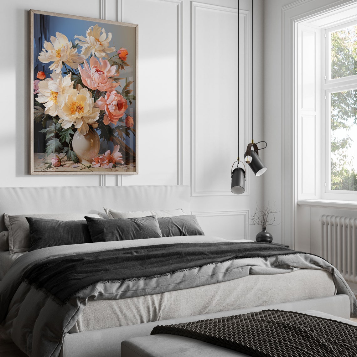 White and Pink Peonies in a Vase Classic Floral Bouquet Poster - Image 2