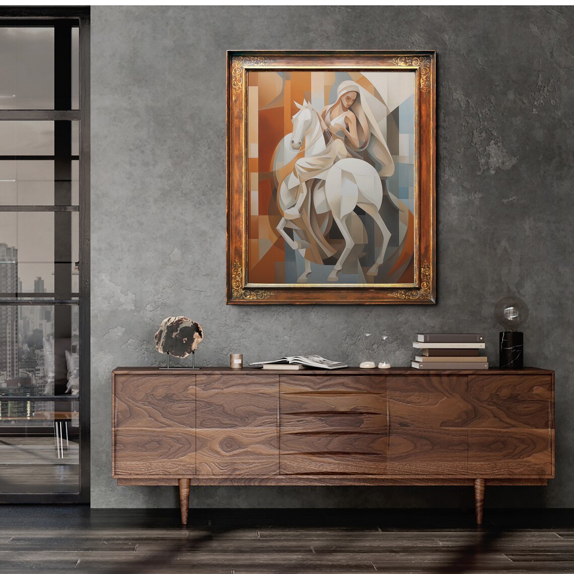Woman Embracing White Horse Cubist Style Warm Earth Tones Poster - Image 3