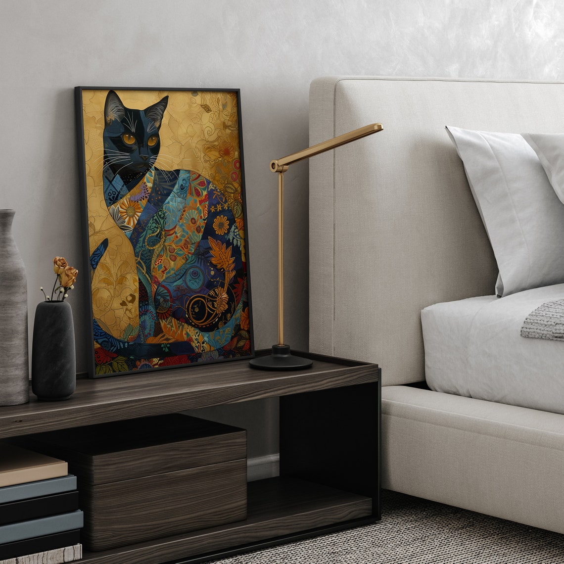 Midnight Blue Mosaic Cat with Floral Patterns on Gold Poster - Image 4