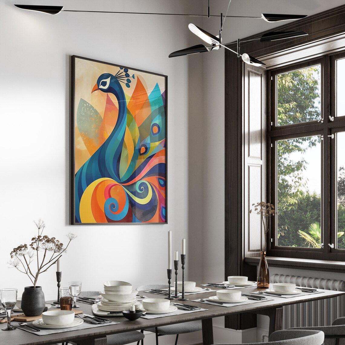 Stylized Peacock in Rainbow Geometric Colors Design Wall Print - Image 2