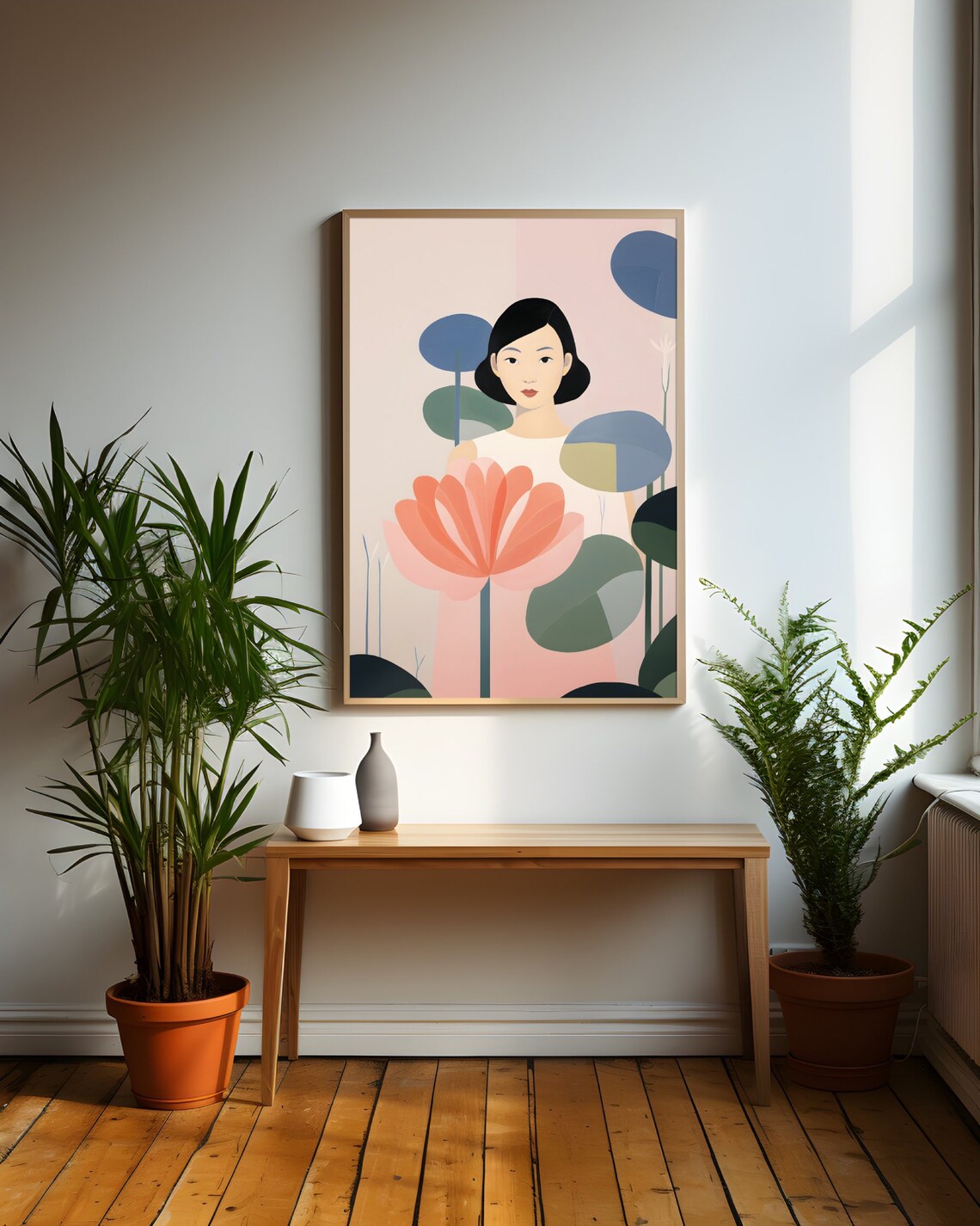 Minimalist Woman Among Pink Lotus Blooms Modern Floral Art Poster