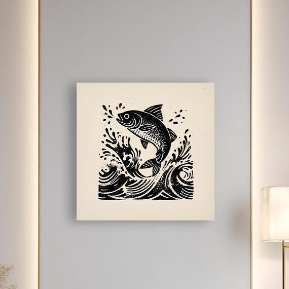 Bold Fish Ink Art Black And White Canvas Print Minimalist Ocean Wall Decor