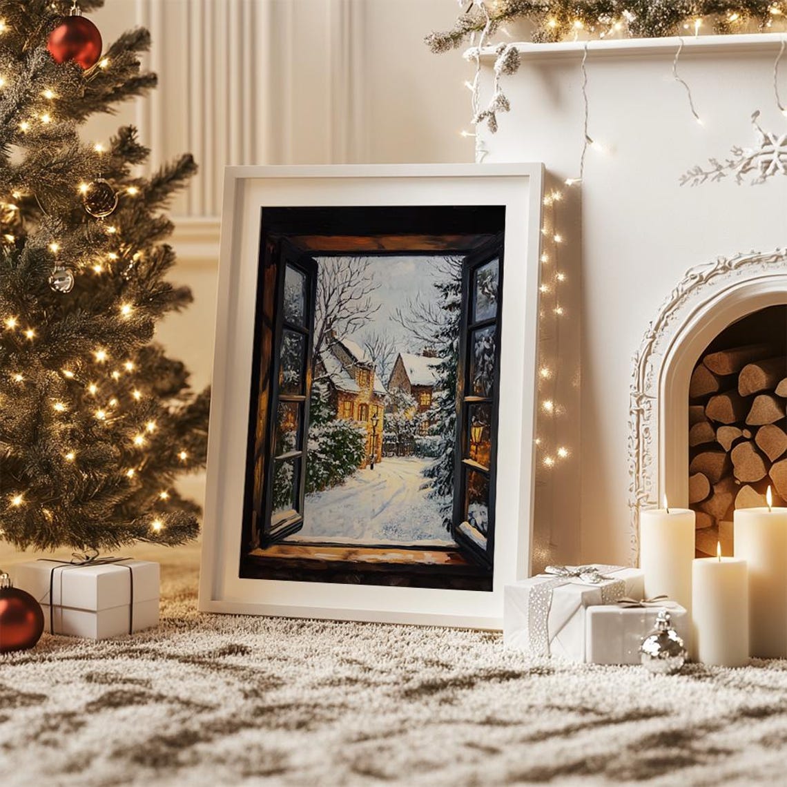 Open Window Snowy Christmas Village Scene Winter Landscape Poster - Image 3