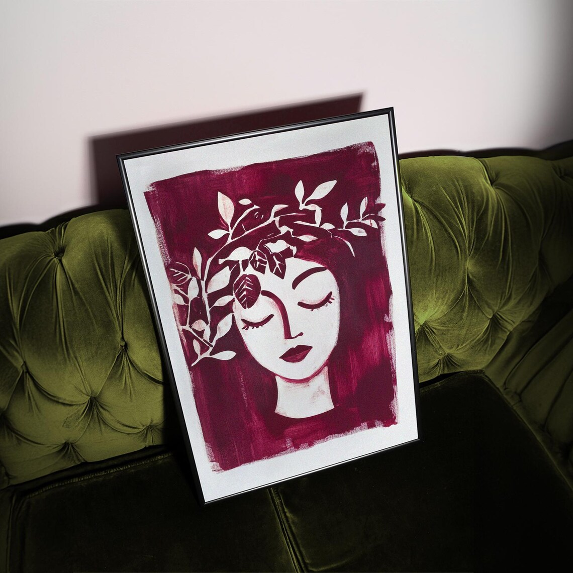 Burgundy Woman Face Leaf Crown Modern Minimalist Style Poster - Image 2