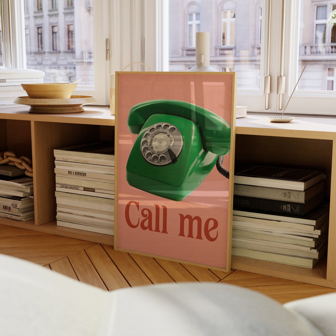 Call Me Retro Green Rotary Phone Pink Bold Pop Statement Poster - Image 3