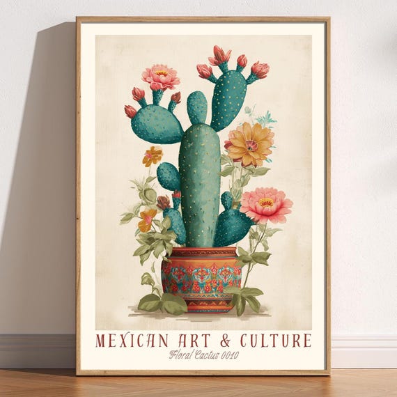 Mexican Cactus And Flowers Art Print Colourful Traditional Folk Poster Vintage Vibrant Cultural Botanical Home Decor