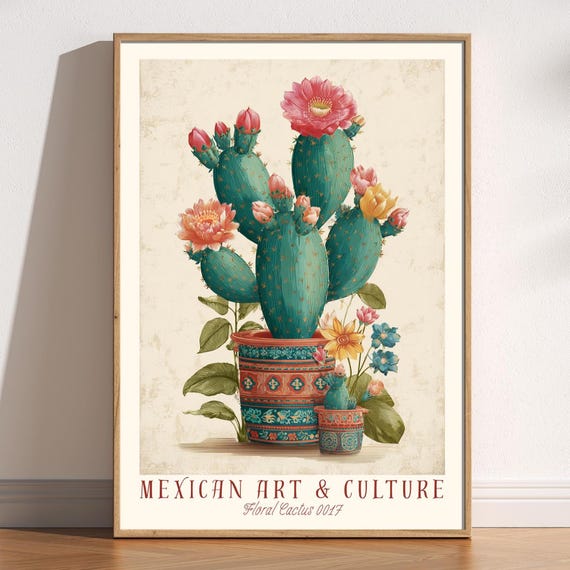 Mexican Cactus And Flowers Art Print Colourful Traditional Folk Poster Vintage Vibrant Cultural Botanical Home Decor