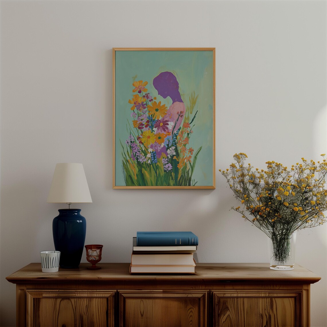 Purple Woman Silhouette Wildflower Meadow Teal Floral Art Poster - Image 4