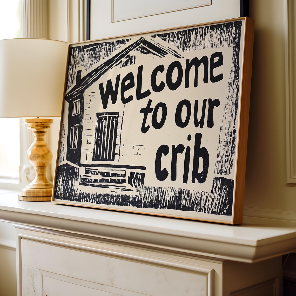 Welcome To Our Crib Linocut House Trendy Entryway Door Sign Poster - Image 3