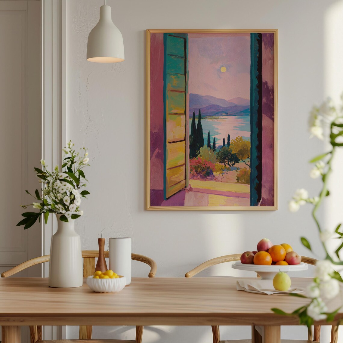 Window View Mountain Lake Cypress Sunset Fauvist Oil Painting Poster - Image 2
